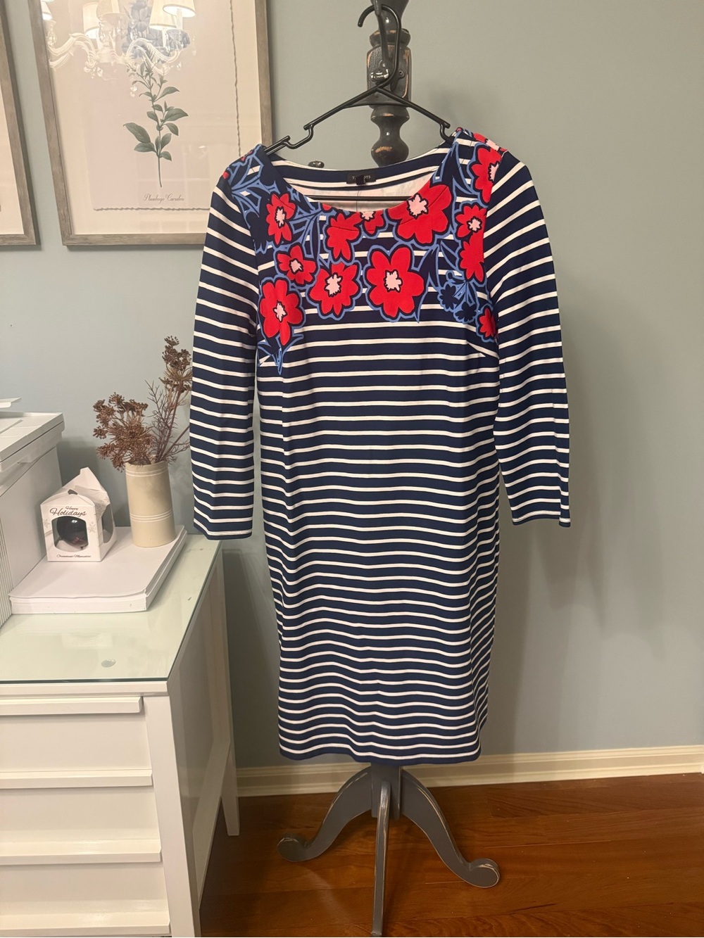 NWT Talbots Navy and White Striped Dress with Red Floral Yoke